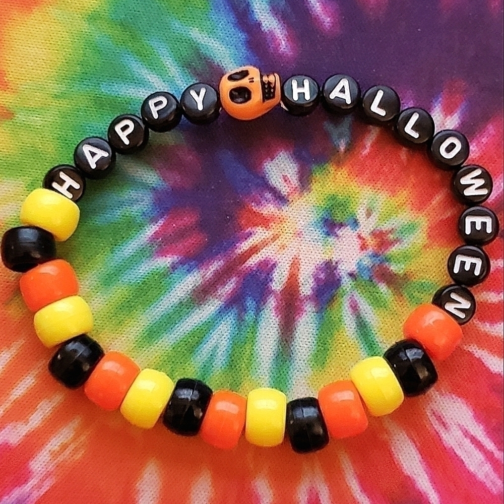 Handmade Black Orange Yellow Happy Halloween kandi bracelet